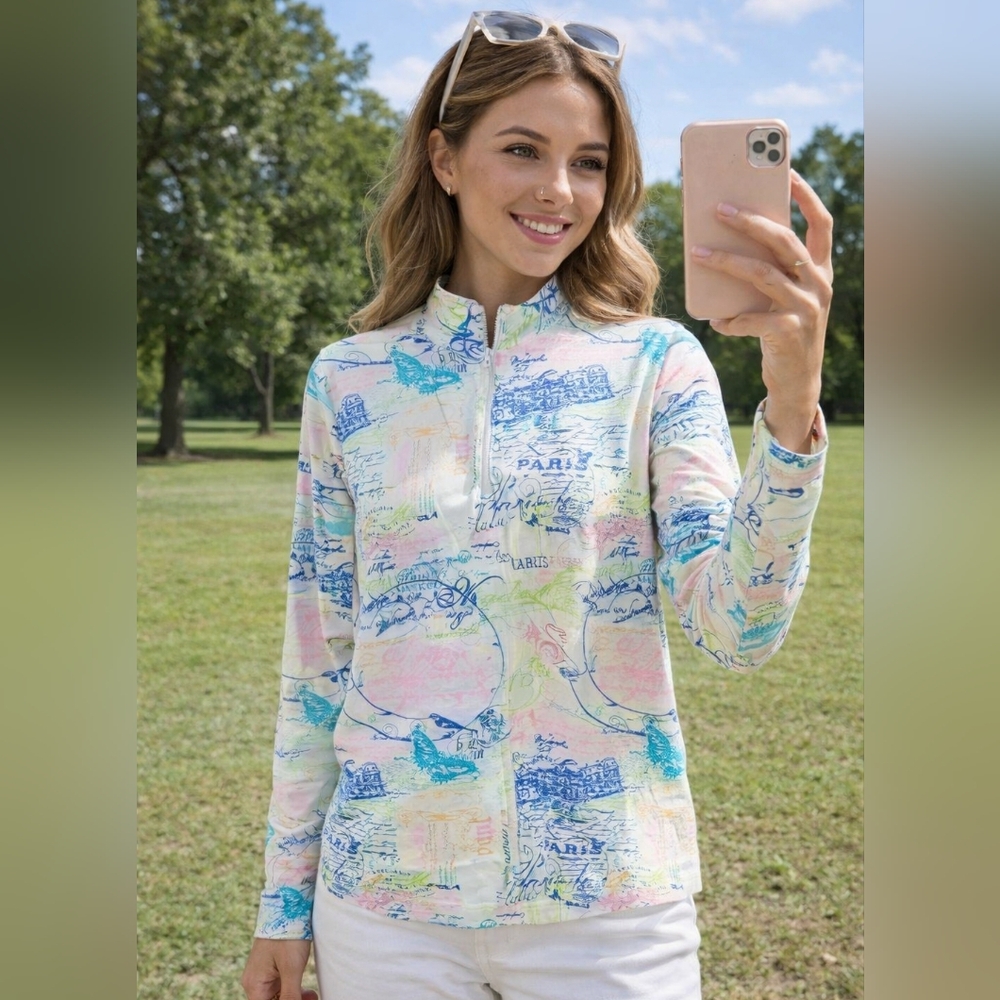 Anthony's Resort Wear M Paris Print Vibrant Colors Jacket 3/4 Zip Long SLEEVE